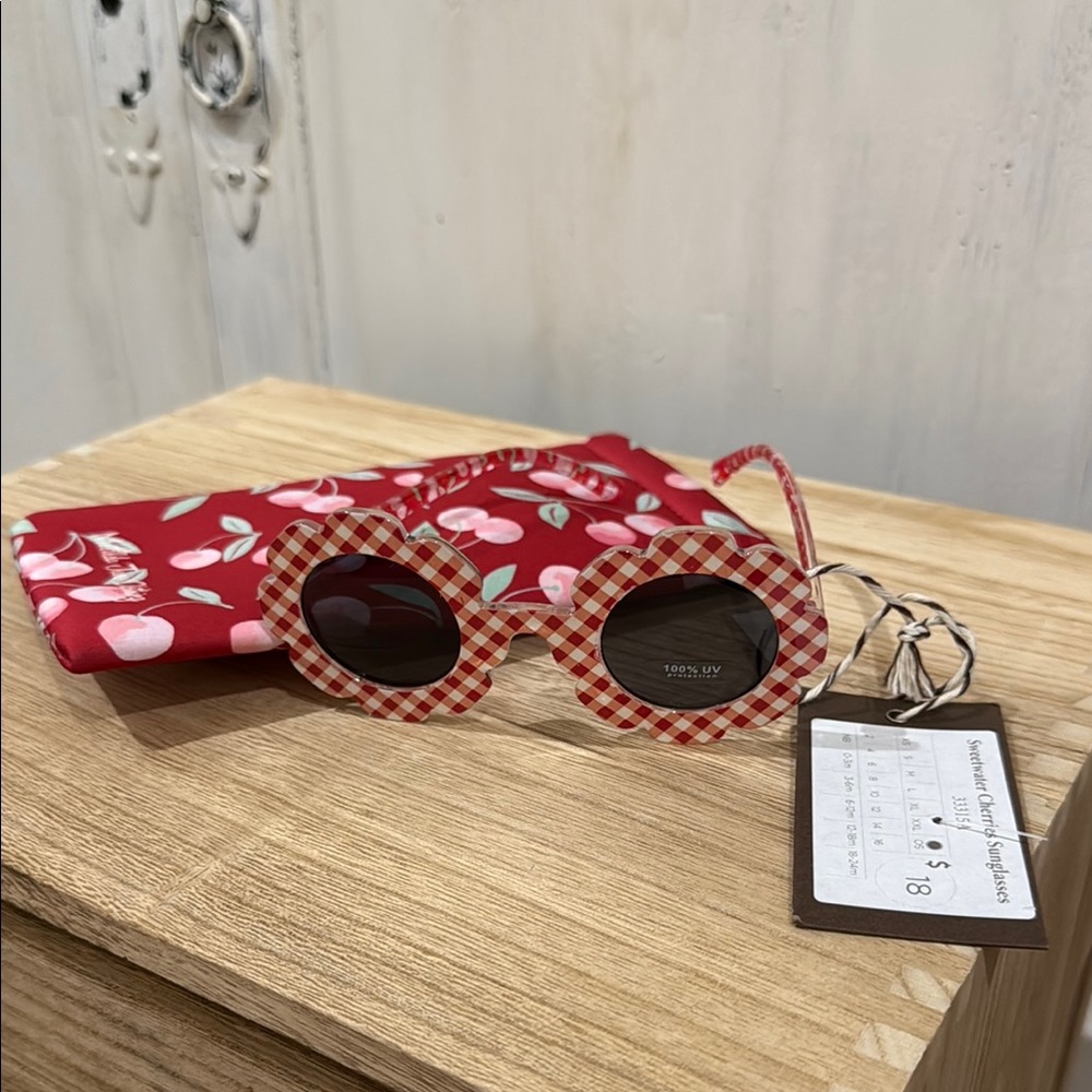 Matilda Jane Red Checkered Kids Sunglasses w/ Cherry Pouch- sweet water cherries